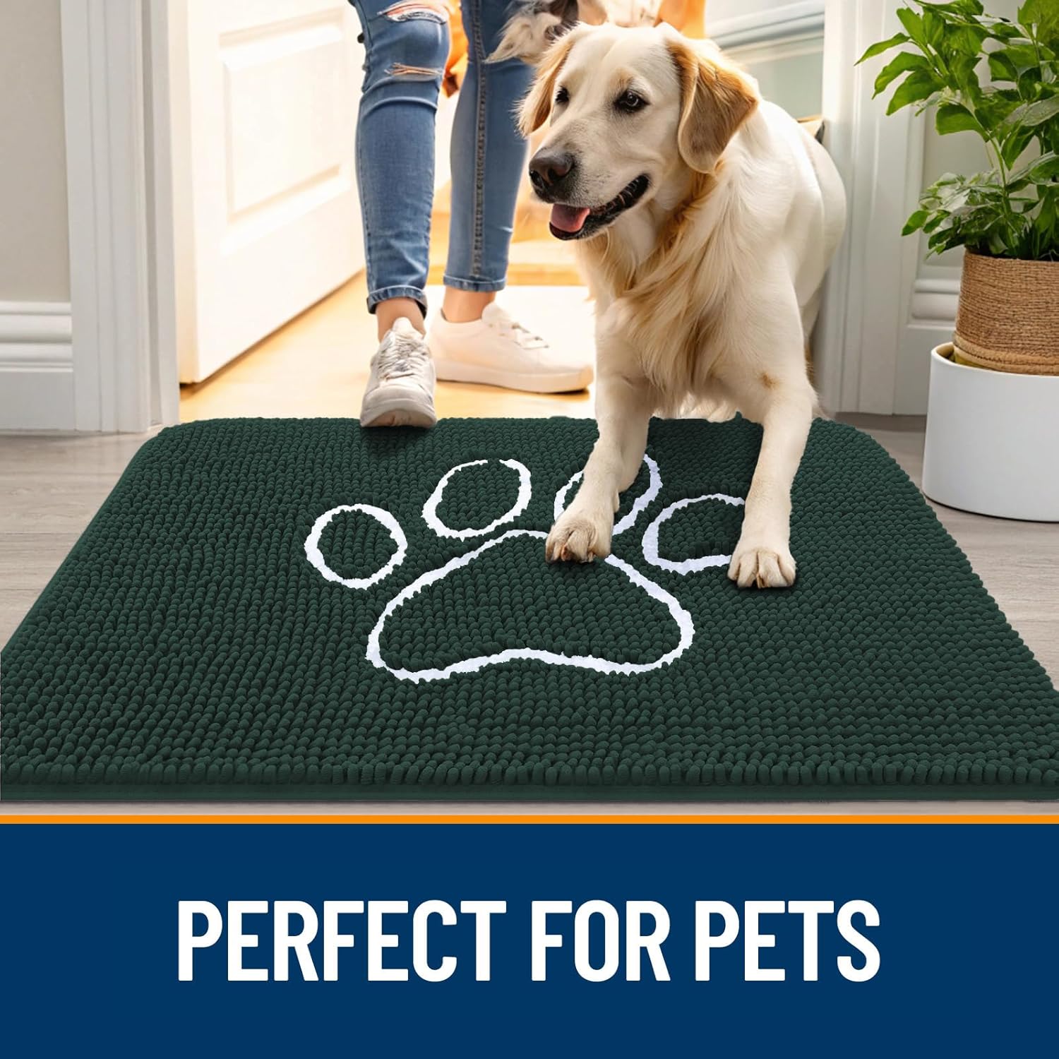 OLANLY Dog Door Mat - Absorbent Non-Slip Mud Mat for Muddy Paws | 24x16 Paw Print Design, Quick Dry Chenille, Blackish Green