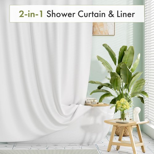 Amazer White Shower Curtain Liner 72x74 Inches, Fabric Shower Liner Cloth with Weighted Stones, Washable Shower Curtain and Liner 2-in-1, 120G Heavy Duty, 12 Grommet Holes