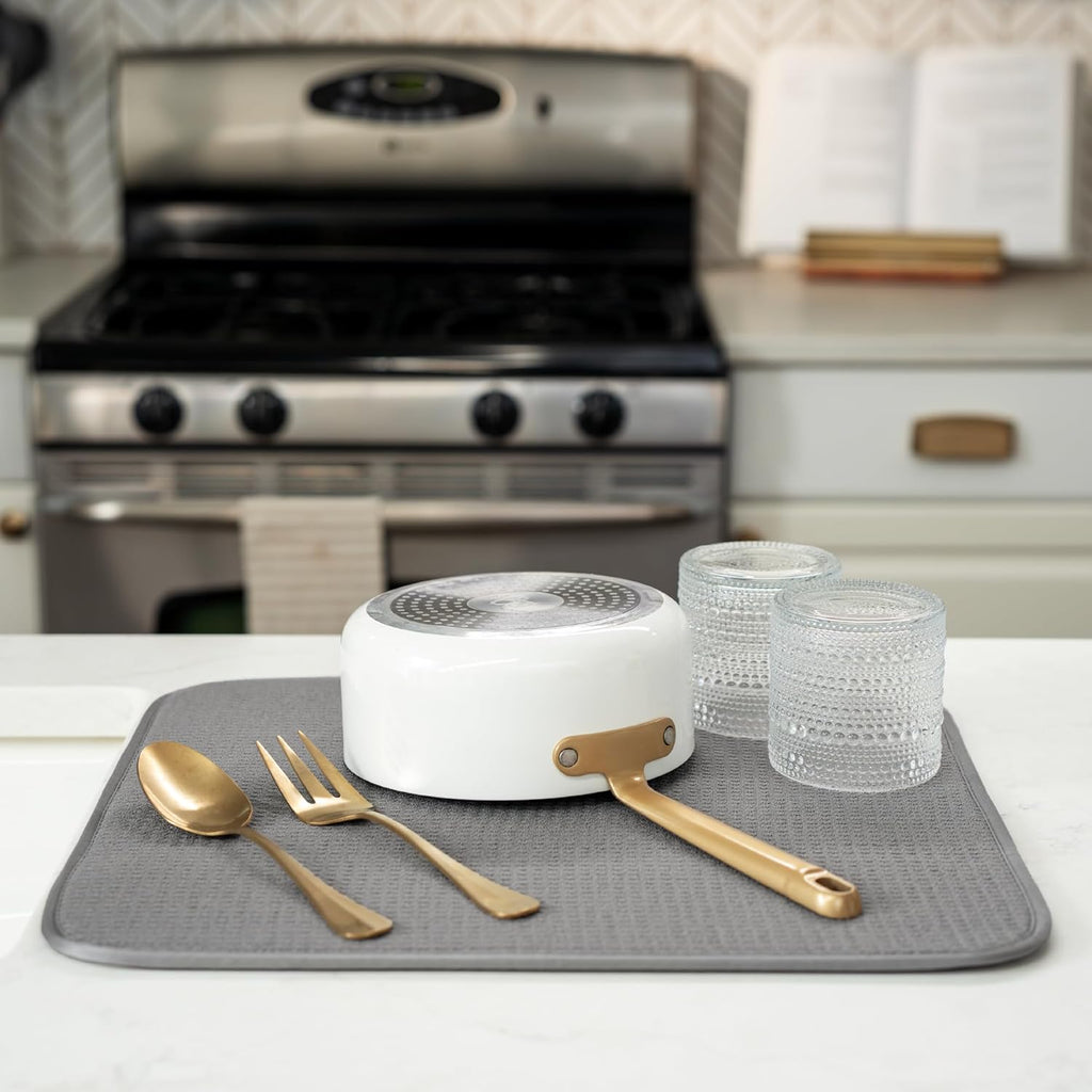 S&T INC. Dish Drying Mat - Absorbent Microfiber Kitchen Counter Pad | 16” x 18”, Large, Grey