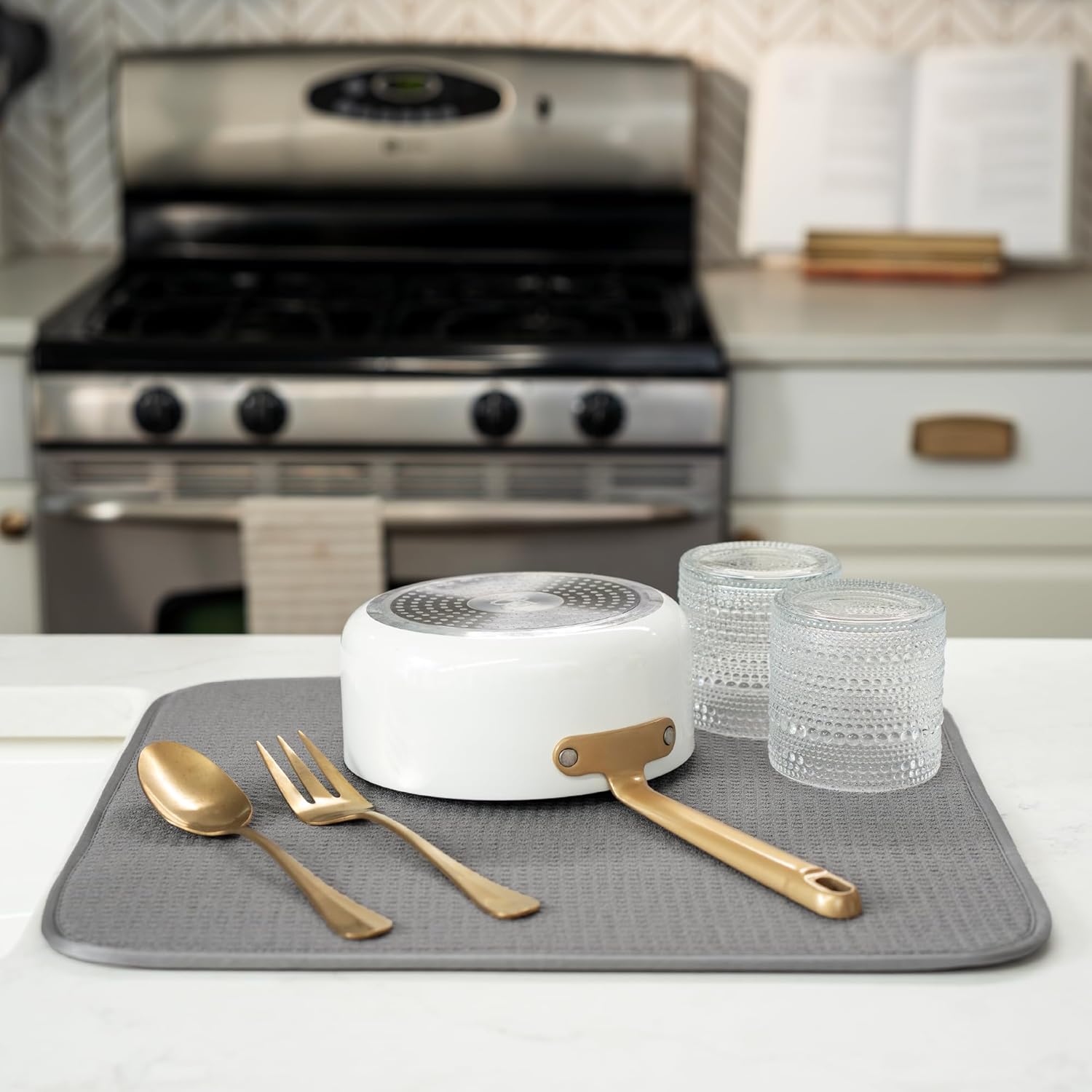 S&T INC. Dish Drying Mat - Absorbent Microfiber Kitchen Counter Pad | 16” x 18”, Large, Grey