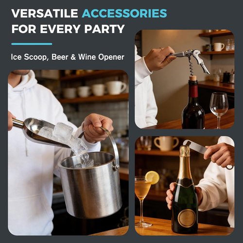 3L Ice Buckets for Parties 6PC Set, Stainless Steel Double-Wall Insulated Ice Bucket with Lid, Scoop, Tongs, Beer & Wine Opener – Ideal for Cocktail Bar, Outdoor Events & Keeps Ice Frozen Longer