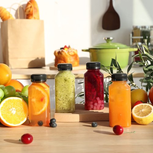 Moretoes 134pcs 8oz Juice Bottles with Lids, Plastic Juice Bottles with Caps for Juicing Tea Milk Drinking and Other Beverages