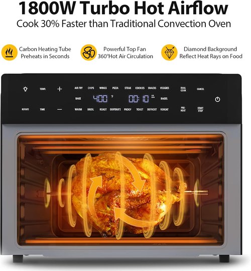 Beelicious 32QT Extra Large Air Fryer - 19-in-1 Toaster Oven Combo with Rotisserie & Dehydrator | Black, 1800W