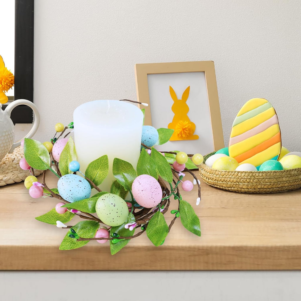Winlyn Easter Egg Candle Rings - 4 Pcs Spring Wreaths with Pastel Eggs & Foliage | 11" Holiday Decor