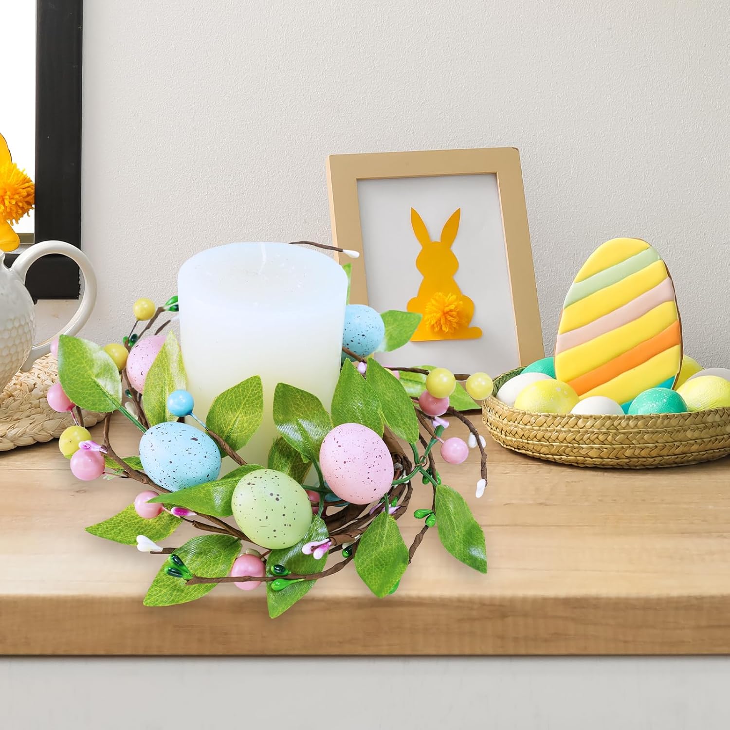 Winlyn Easter Egg Candle Rings - 4 Pcs Spring Wreaths with Pastel Eggs & Foliage | 11" Holiday Decor