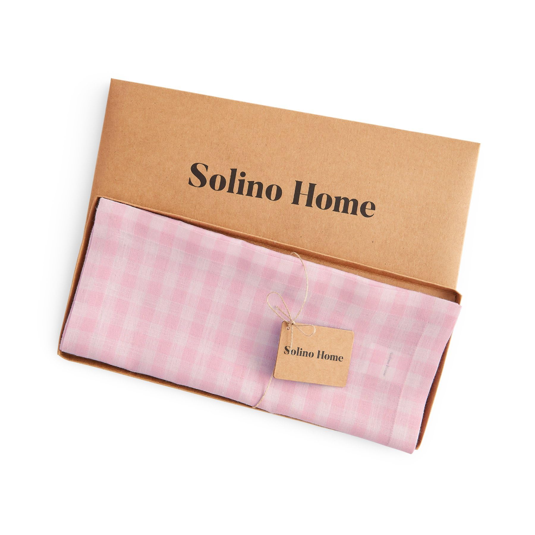 Solino Home Linen Gingham Table Runner 132 Inches Long - 100% Pure Linen Marshmellow Pink Checkered Table Runner 14 x 132 Inch Ideal for Dining, Mothers Day, Spring, Summer
