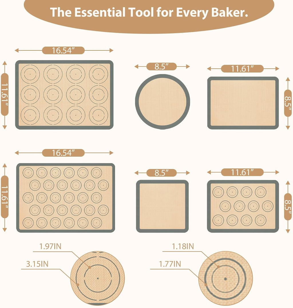 Skiennix Silicone Baking Mat Set of 6 - Non-Stick Baking Sheets for Macarons, Cookies & More