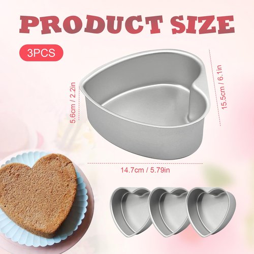 EQUNROY 6 Inch Heart Cake Pan - 3 Pack Aluminum Heart Shaped Baking Pans for Valentine's Day, Wedding, Birthday Party - Nonstick Cake Mold for Oven, DIY Desserts