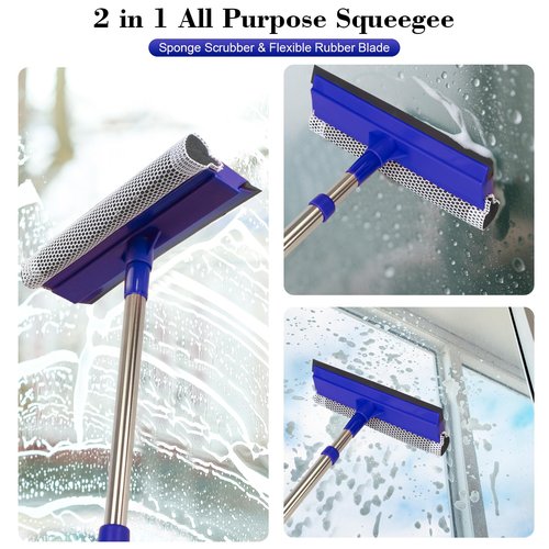 2-in-1 Window Squeegee&Car Squeegee with 15.7"-27.5" Retractable Stainless Steel Handle, Windshield Cleaner Tool for Cars, Trucks, Glass Doors, Shower Glass, Outdoor Windows
