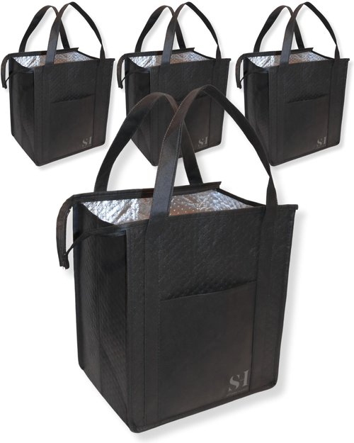 Serene Homes Black Insulated Grocery Bags, 4 Pack Reusable Shopping Bags with Zippered Top for Groceries & Food Delivery