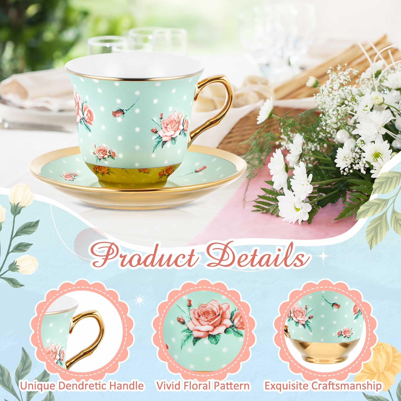 Teenyyou Set of 12 Tea Cups and Saucers Tea Party Decorations Floral Porcelain 5.4 oz British Gift for Women Birthday Party, Church, and Mother's Day (Vintage Style)