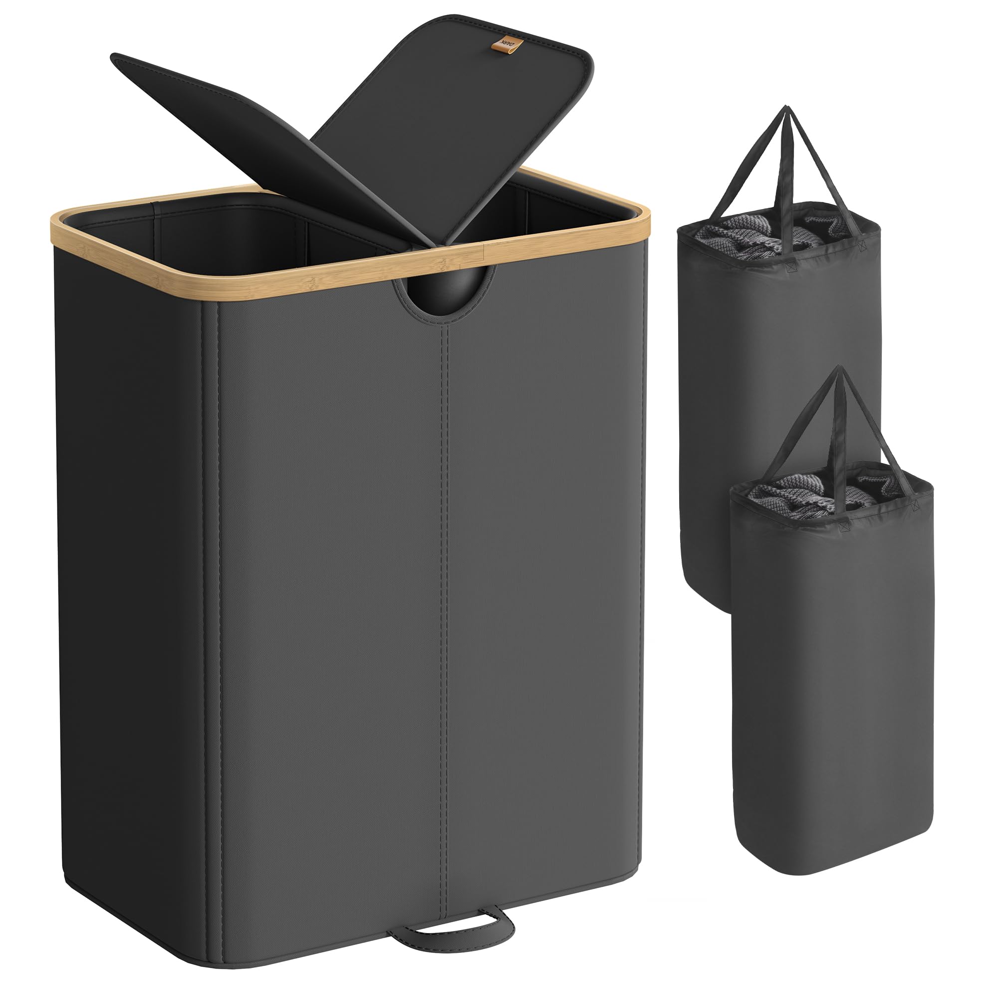 SONGMICS Laundry Hamper with Lids, Laundry Basket with 2 Compartments, 39 Gal. (150 L), Removable Liner Bag, for Laundry Room, Bedroom, Living Room, Ink Black and Light Bamboo ULCB523B01