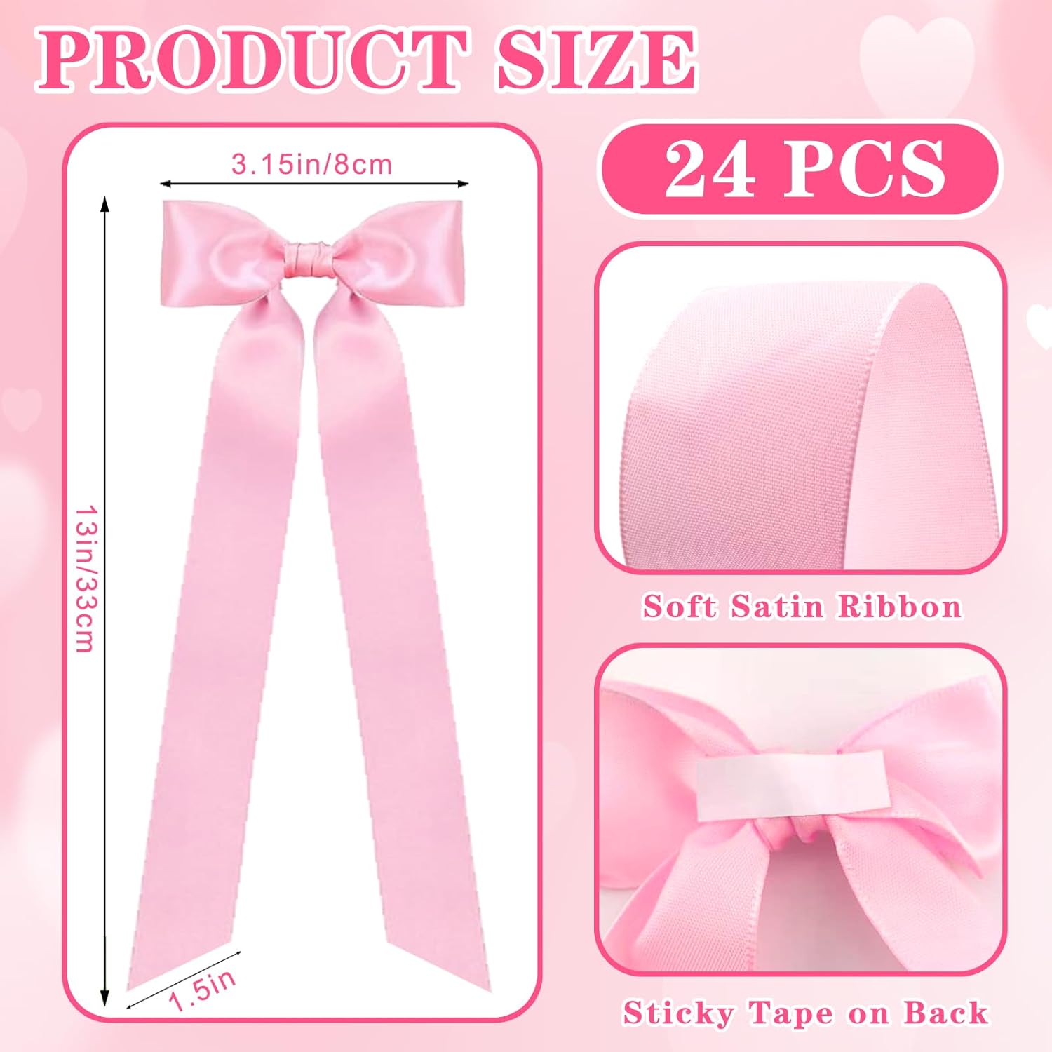 Skiennix 24-Piece Large Pink Candlestick Decoration Bows - Self-Adhesive Gift Wrapping Bows | 13 Inches for Weddings & Parties