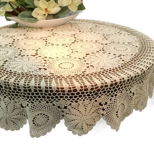 YIZUNNU Beige Round Handmade Crochet Tablecloth Cotton Lace Table Doilies (59")