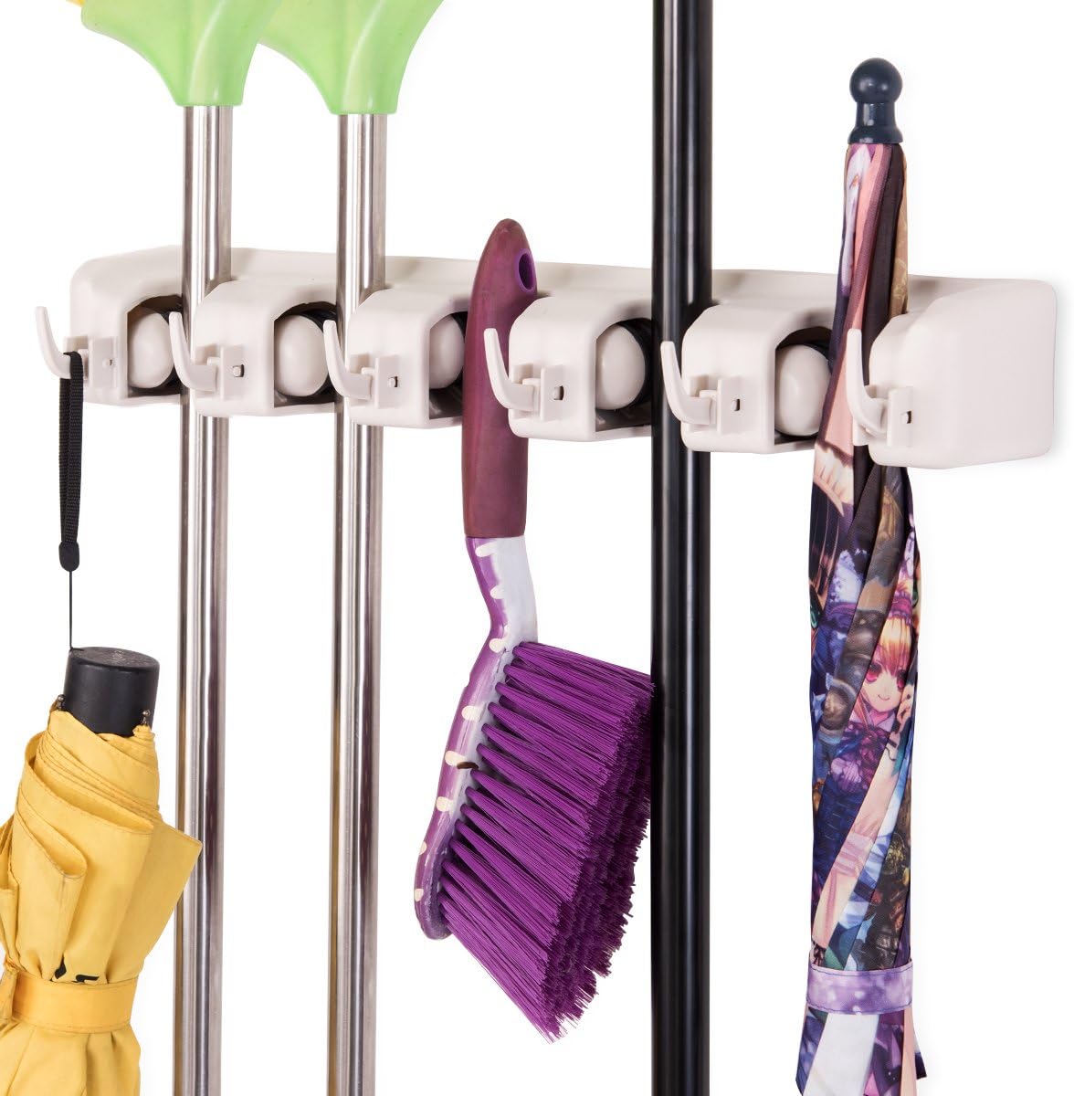 Tangkula Wall Mount Broom Holder - 5 Slot Organizer with 6 Hooks for Home, Kitchen & Garage (White)