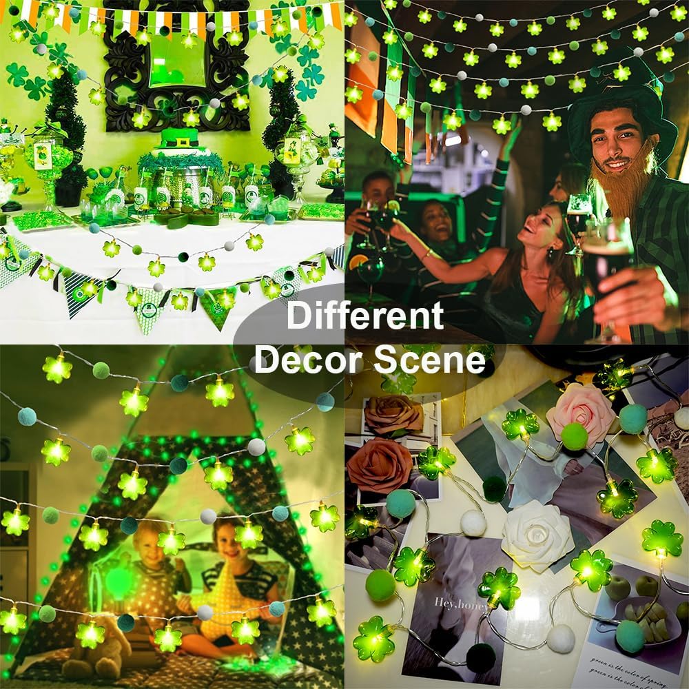 Skiennix St. Patrick's Day Garland Lights - 20 LED Shamrock Pompoms with Timer | 9.85ft Green Decor