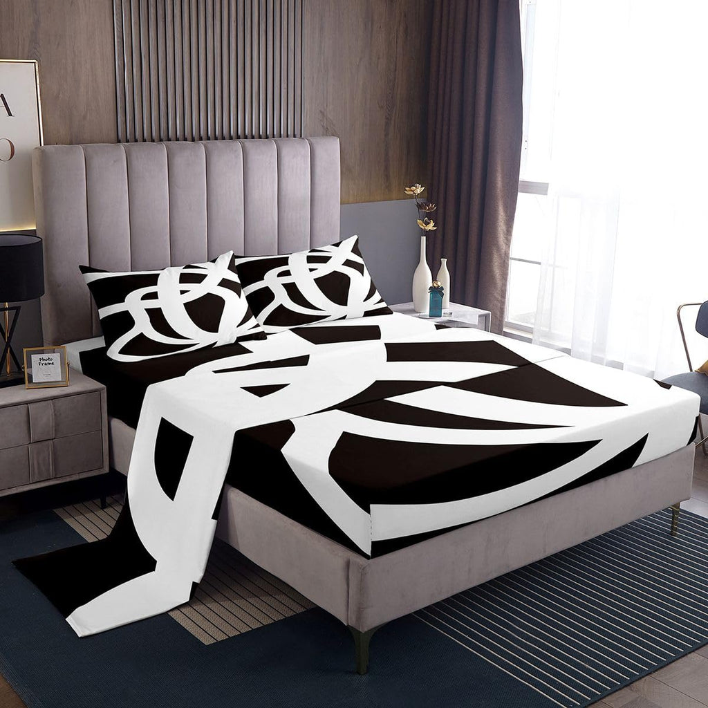 jejeloiu White and Black Bed Sheets Set Queen Size Geometric Sheet Set for Kids Stripe Line Sheets with Deep Pocket Fitted Sheet Women Men Teens Ultra Soft Abstract Modern ArtBedding