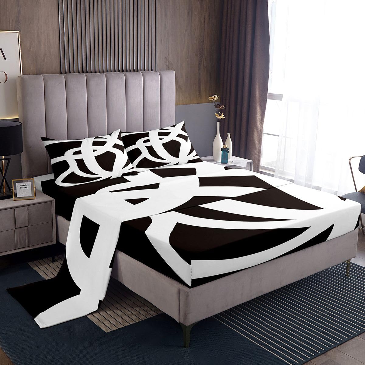 jejeloiu White and Black Bed Sheets Set Queen Size Geometric Sheet Set for Kids Stripe Line Sheets with Deep Pocket Fitted Sheet Women Men Teens Ultra Soft Abstract Modern ArtBedding