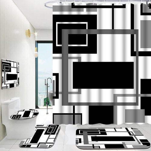 Onalasyc 4Pcs Black Geometric Shower Curtain with Rugs Set Waterproof Black Bathroom Sets with Shower Curtain and Rugs Abstract Geometric Modern Bathroom Curtains Shower Set with 12 pcs Hooks