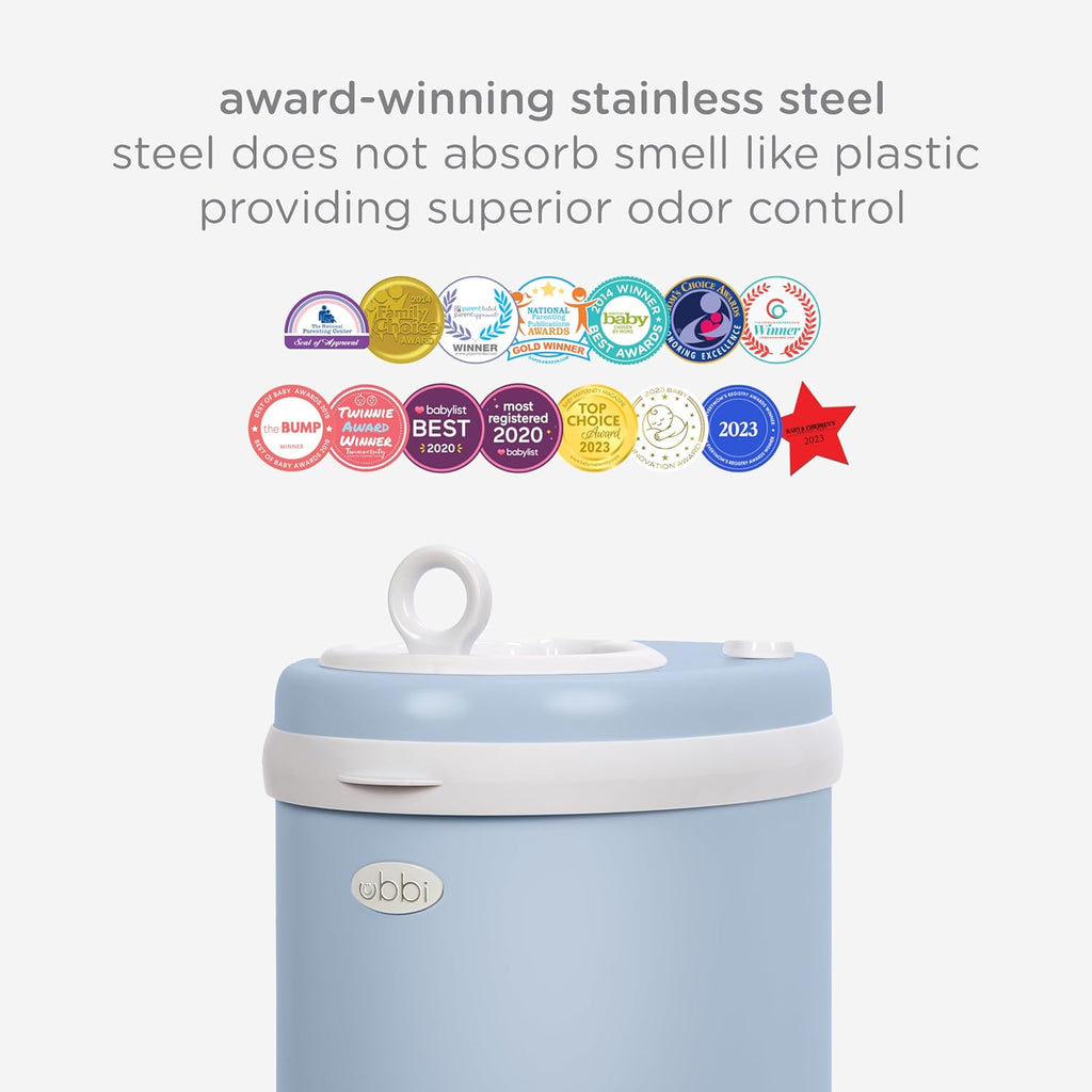 Ubbi Steel Diaper Pail - Odor Locking Design | No Special Bags Needed | Cloudy Blue Finish