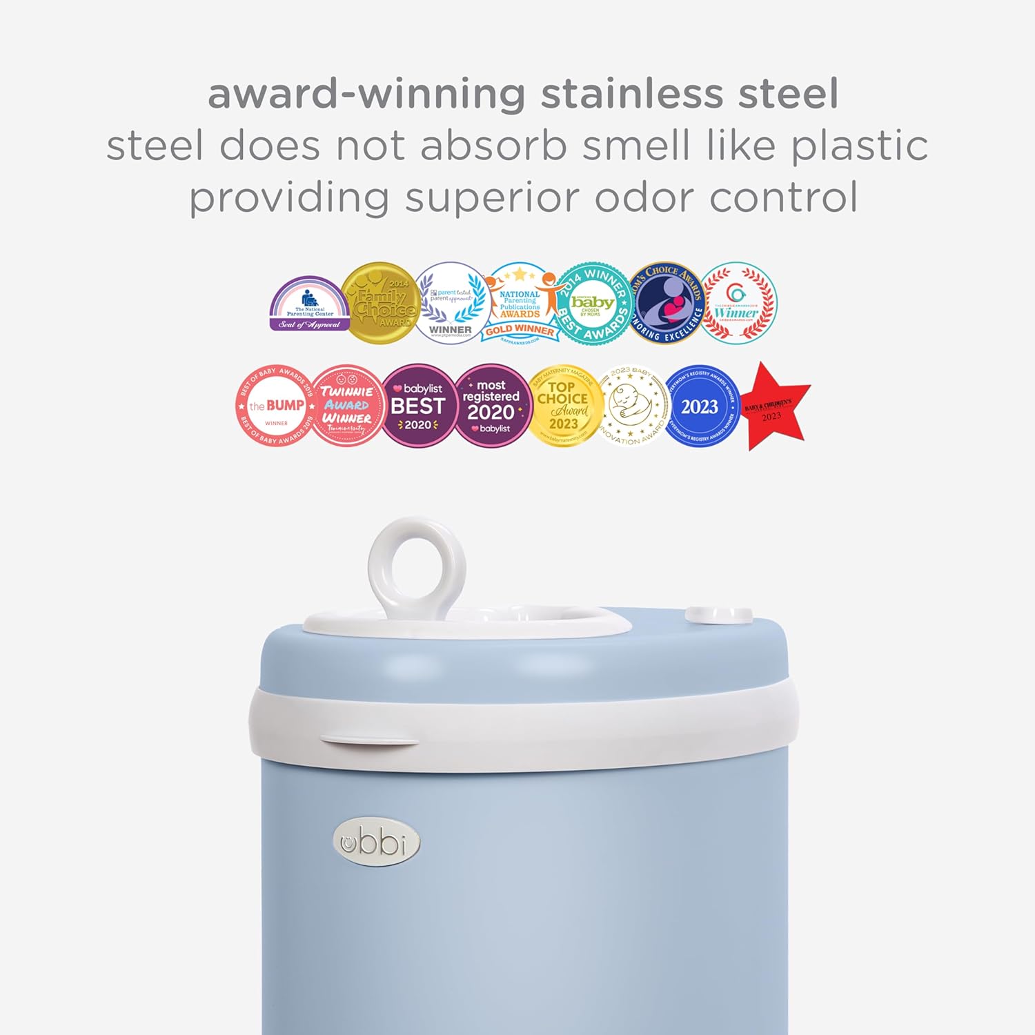 Ubbi Steel Diaper Pail - Odor Locking Design | No Special Bags Needed | Cloudy Blue Finish