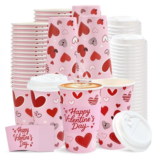 50 Pcs Valentine's Day Coffee Cups 16 oz Disposable Pink Red Heart Paper Drinking Cups Love Heart Coffee Containers for Hot and Cold Beverage Water Juice Cocoa Valentine's Day Wedding Party Supplies