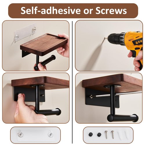Toilet Paper Holder with Walnut Wood Shelf, Adhesive & Wall Mounted Toilet Paper Roll Holder, Black Stainless Steel Rustproof Toilet Paper Holder for Bathroom, Washroom, RV, Kitchen