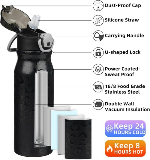 BJPKPK 25oz Insulated Water Bottle - BPA-Free Stainless Steel, Leak-Proof, Black Leopard Design