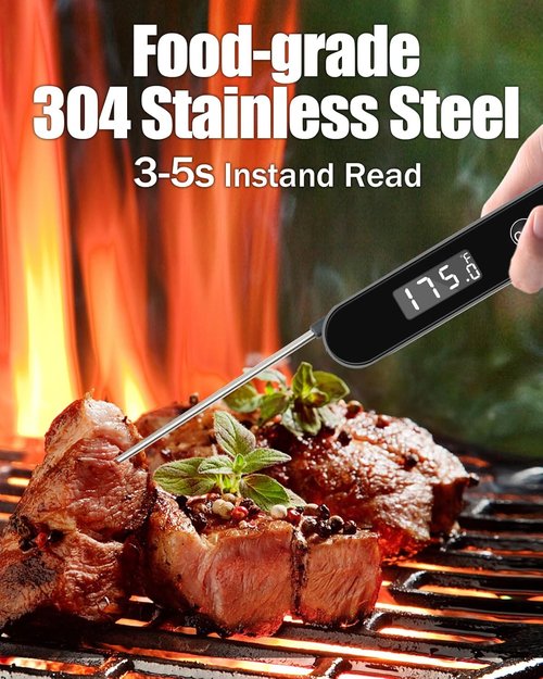 Meat Thermometer Digital - Instant Read Cooking & Grilling Tool with Folding Probe | Backlit LCD, Magnetic Storage (Black)
