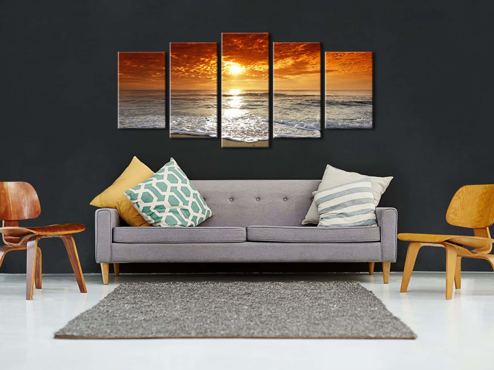Wieco Art Grand Sight Sunset Ocean Canvas Prints Wall Art Sea Beach Pictures to Photo Paintings Landscape Decor for Living Room Bedroom Home Decorations 5 Panels Modern HD Seascape Giclee Artwork