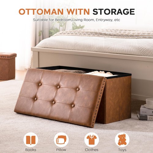 oakvivo 30 Inches Folding Storage Ottoman Bench, Ottoman PU Leather Tuffed End of Bed Bench, Foot Rest with Rivet Design, Ottoman with Storage, Load 330 lb, for Living Room, Bedroom, Entryway, Brown