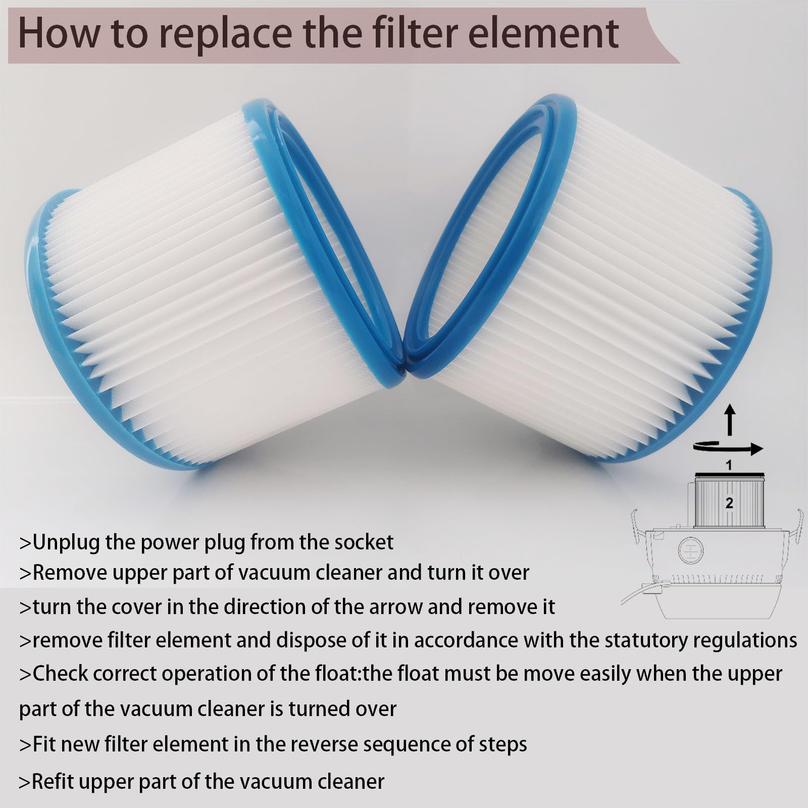 Vacuum Cleaner HEPA Replacement Filter Element Part Accessory Compatible with Stihl SE 61/62/62 E/85 C/90/100/122/122 E Wet Dry Vacuum Cleaners (1-Pack Filter)