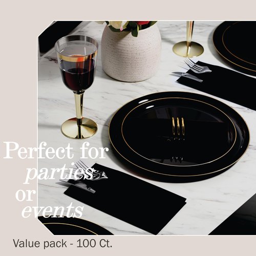 100-Pack Disposable Napkins With Pocket For Flatware, Black Napkins Paper For Wedding, Dinner Or Party, Built-In Pocket For Silverware, Prefolded