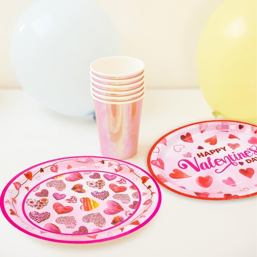 ceiba tree Valentines Day Oval Paper Plates 30Pcs Pink Red Heart Oval Paper Plates Disposable Tableware Dinnerware Set Happy Valentine's Day Party Supplies