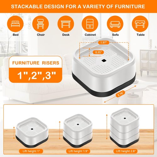 shouwuhho 8 Pack Furniture Risers Adjustable Bed Risers Heavy Duty Lifts Height 1", Square Stackable Bed Risers 1, 2 or 3 Inch for Desk Leg Table Couch Sofa Chair Bed Frame Legs Dorm, White