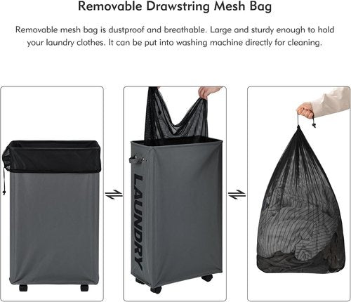 DOKEHOM 29-Inch Slim Rolling Laundry Basket - Collapsible Hamper with Removable Wash Bag | Dark Grey