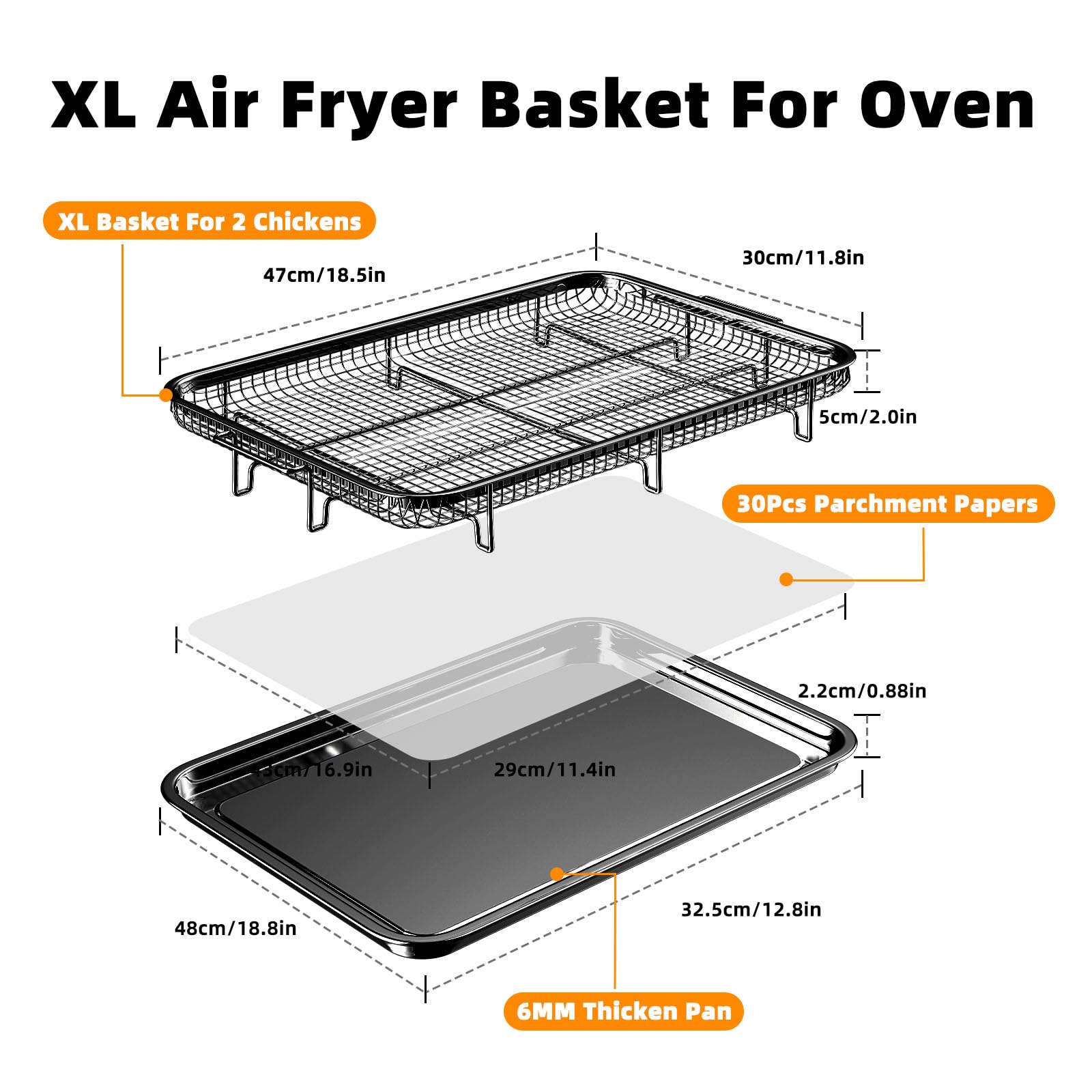 Air Fryer Basket for Oven, Extra Large 18.8" x 12.8" Oven Air Fryer Basket and Tray Set with 30 PCS Parchment Papers, DEGOVIN Stainless Steel Oven Pan and Crisper Tray (Black)