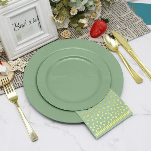 joy akkess 50PCS Sage Green Plastic Plates - Heavy Duty Sage Green Plates Disposable include 25 Dinner (10.25") & Dessert/Salad (7.5") for Birthday, Baby Shower, Wedding