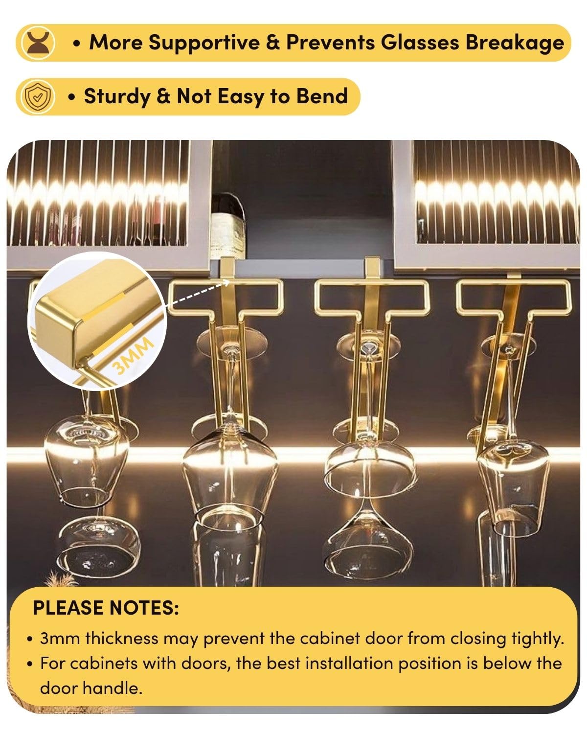 LINFIDITE Gold Under Cabinet Wine Glass Holder, 2 Pack, Space Saving, Easy Installation, Anti-Skid, Compact Design, Sturdy Materials, Affordable Gift