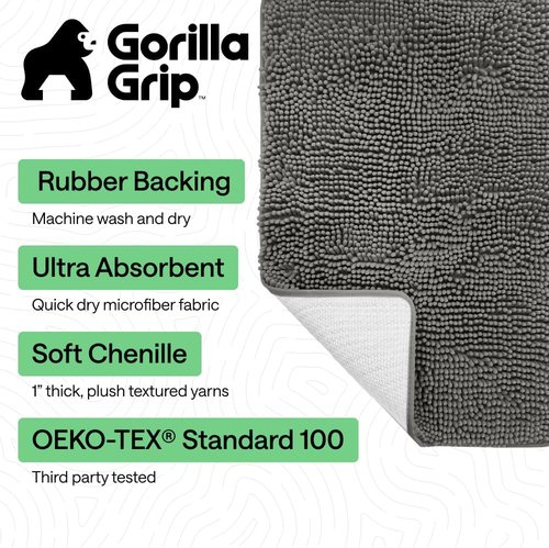 GORILLA GRIP Bath Rug Mat - Soft Absorbent Chenille | Quick-Dry Microfiber, 48x17 Charcoal
