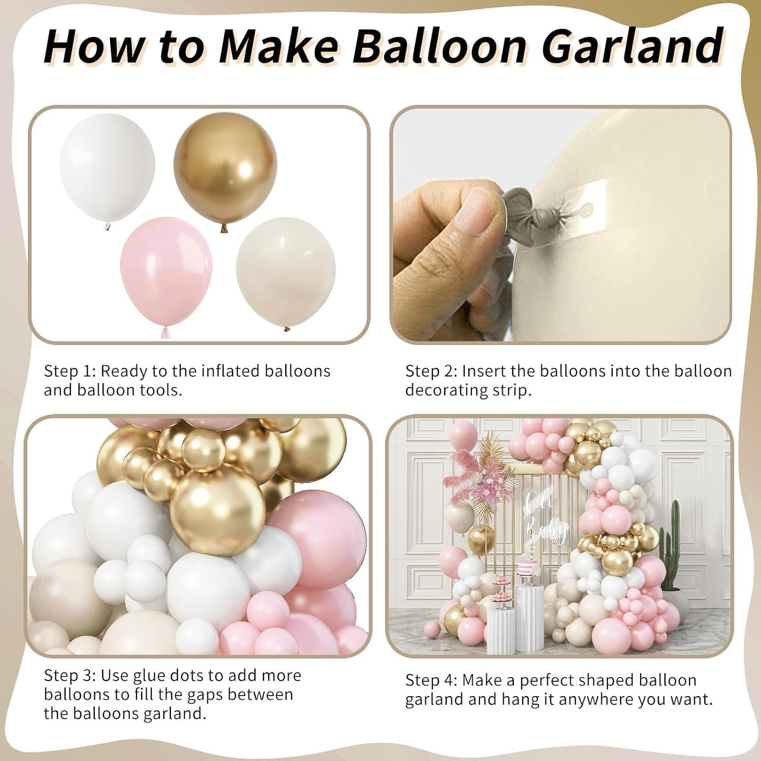 Skiennix Pink Beige Gold Balloon Garland Arch Kit - 109 Pieces Blush Pastel Balloons for Birthday & Wedding Decor