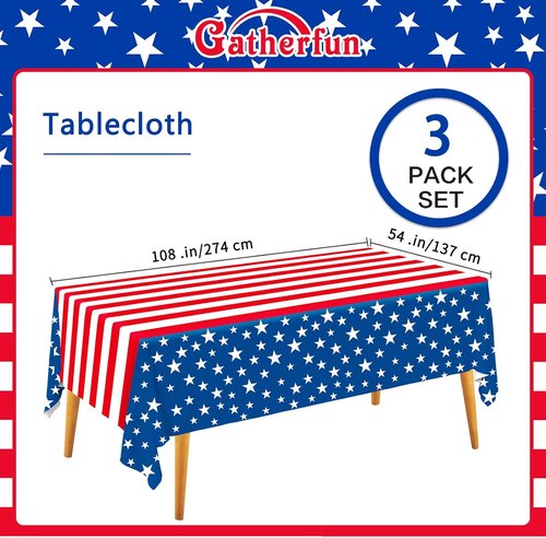 Gatherfun Disposable Plastic Tablecloth - Waterproof American Flag Design for Patriotic Celebrations | 3PCS 54 x 108 Inch
