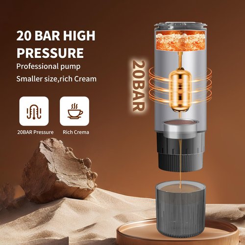 Loezora Stainless Steel Portable Espresso Maker – 20Bar, 7500mAh Rechargeable, 3-in-1 for Nespresso/DG Capsules & Ground Coffee, Self-Heating, Best Value for Camping Car Travel (Silver