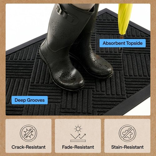 GORILLA GRIP Waterproof All-Season Doormat - Natural Rubber, Stain & Fade Resistant, 23x35, Black Diamond