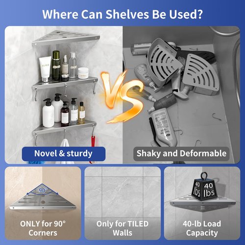 3 Pack Corner Shower Shelf,10-Inch 304 Stainless Steel Bathroom Shelves with 6 Hooks 40 lbs Heavy Duty Capacity Durable Drill-Mount Installation Shower Shelf for Inside Shower (Silver)