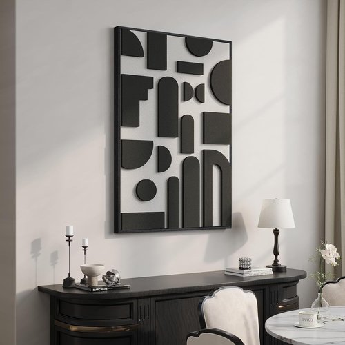 Framed 3D Black and White Abstract Wall Art - Modern Geometric Block Artwork for Home Decor | 24x36 In