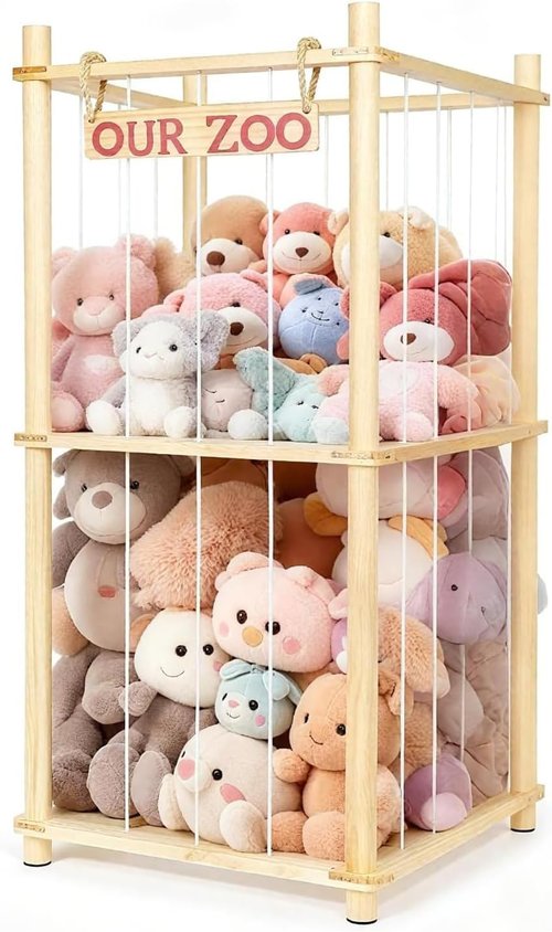 Natural Pine Wood Stuffed Animal Storage by [Brand Name] - Tall Plushie Playhouse with Elastic Cords for Kids' Rooms