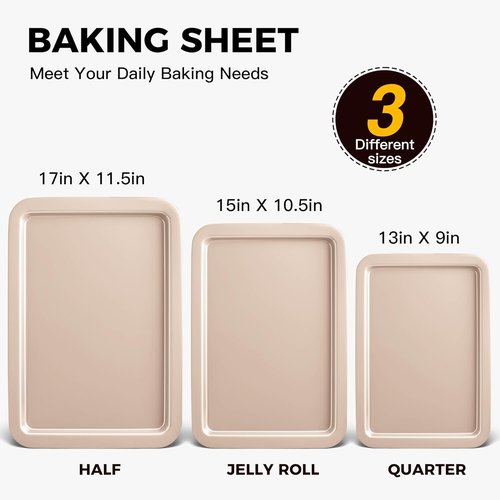 HONGBAKE Nonstick Baking Sheet Set - Premium Oven Pans with Wider Grips | 3 Pack Half, Jelly Roll & Quarter Trays