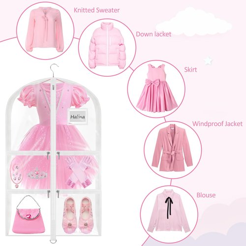 Wsaeig Garment Bags for Dance Costumes - 40 Inch Clear PVC with 5 Zipper Pockets (3 Pack, White) - Kids Dance Garment Bag for Dancers, Hanging Clothes Storage, Competitions & Travel (‎Clear White)
