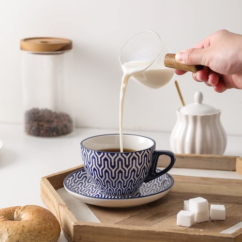 Selamica Ceramic 8 oz Cappuccino Cup Set with Saucers, Espresso Coffee Cups, Latte Macchiato for Party Cafe Home, Set of 6, Vintage Blue